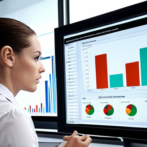 **Data Analysis for Customer Insights:** A business analyst examining charts and graphs of customer data on a large screen in a modern office. Emphasize data visualization and analytical tools.