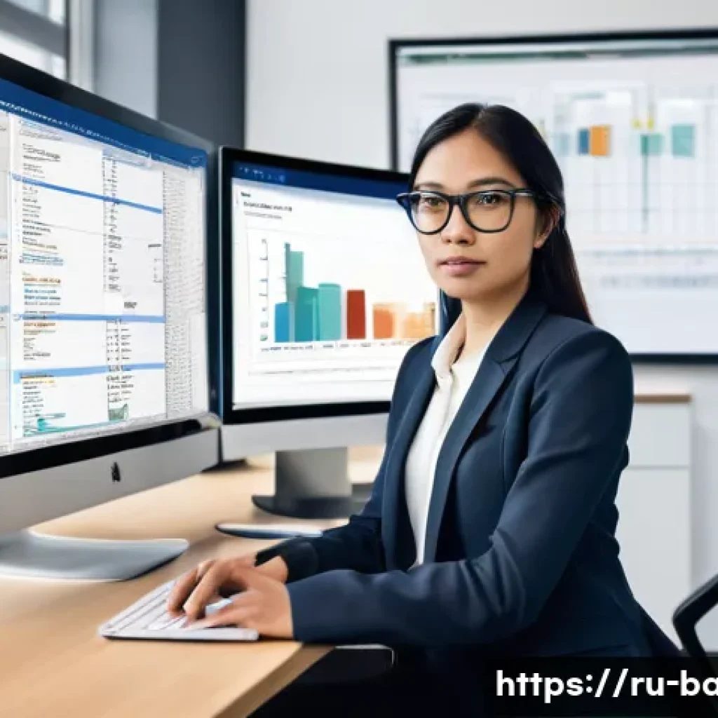 비즈니스 애널리스트 실무 테스트 - **Prompt:** A determined female business analyst in her early 30s, wearing smart-casual business att...