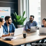 비즈니스 애널리스트 이직 후 적응기 - A modern office scene featuring a diverse team of business analysts in casual business attire gather...