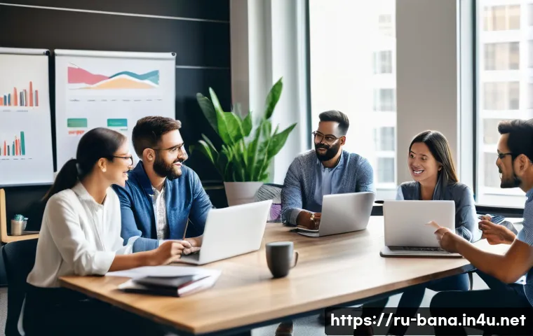 비즈니스 애널리스트 이직 후 적응기 - A modern office scene featuring a diverse team of business analysts in casual business attire gather...