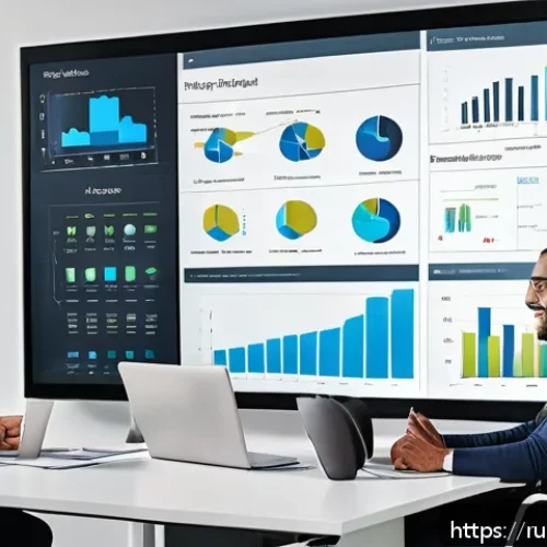 비즈니스 애널리스트 분석 도구 활용법 - A modern office environment with a diverse team of professionals collaborating around a large touchs...