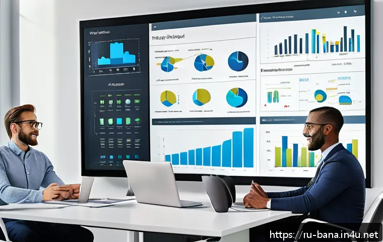 비즈니스 애널리스트 분석 도구 활용법 - A modern office environment with a diverse team of professionals collaborating around a large touchs...