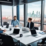 비즈니스 애널리스트 업무 표준화 - A modern office scene showing a diverse team of business analysts collaborating around a large table...