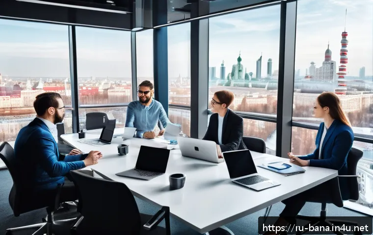 비즈니스 애널리스트 업무 표준화 - A modern office scene showing a diverse team of business analysts collaborating around a large table...