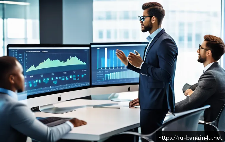 비즈니스 애널리스트 이직 면접 준비 - A modern business analyst in a sleek office environment, dressed in professional business attire, in...