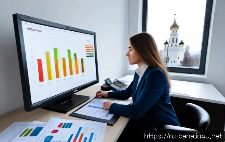 비즈니스 애널리스트 직무 정보 - Photorealistic business analyst at a modern Moscow office desk, reviewing colorful but unreadable da...